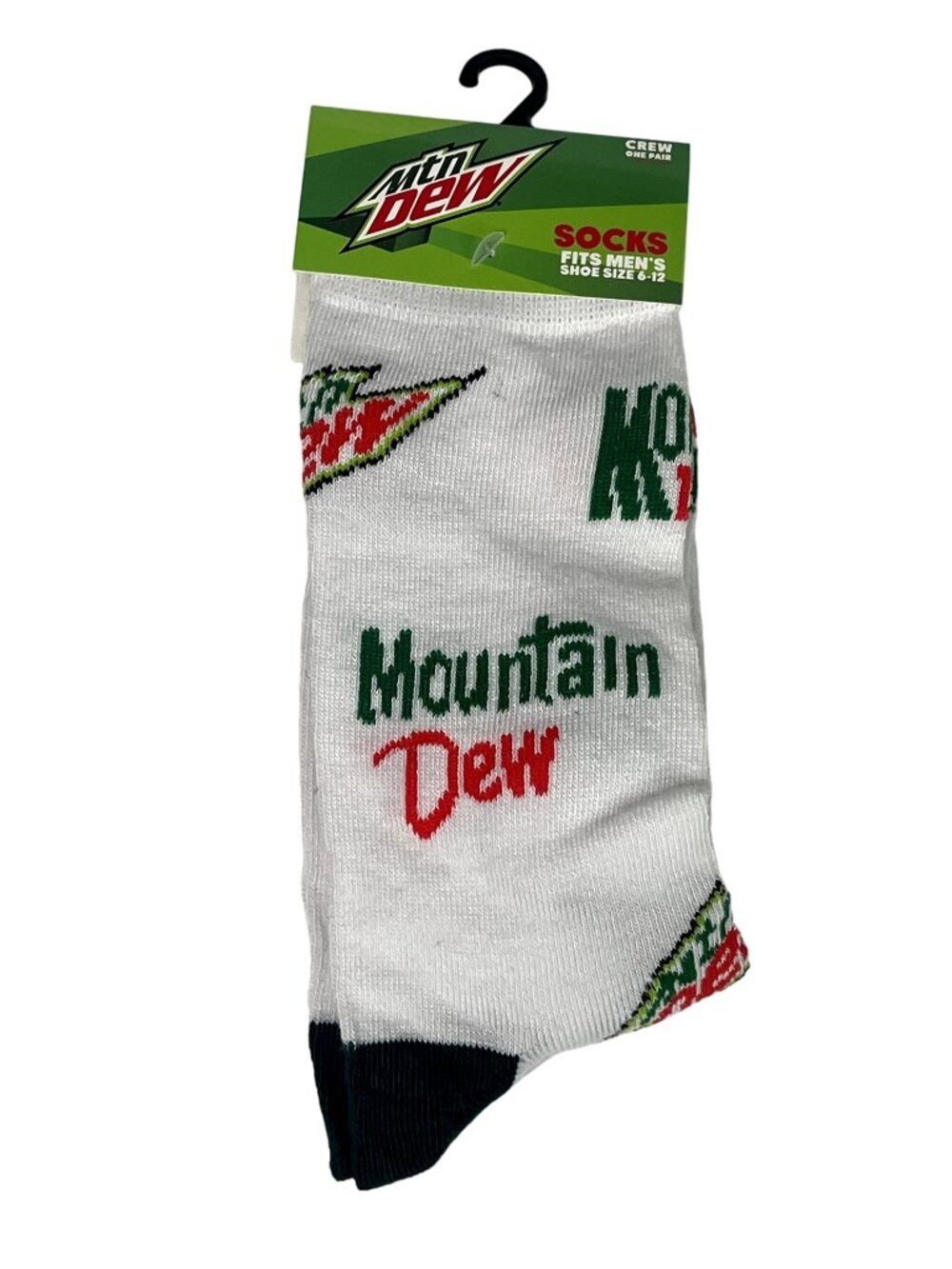 Mountain Dew Crew Socks Mens 6-12 White Green Red Logo Graphic Novelty